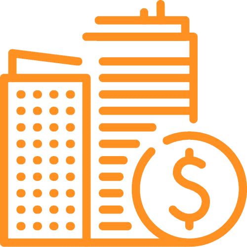 Orange icon representing the Canadian mortgage industry with high-rise buildings and a dollar sign, symbolizing mortgage expertise and financial guidance.