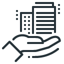 Hand holding buildings icon representing mortgage guidance and client support