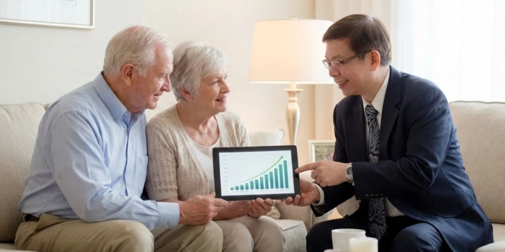 Mortgage broker Maurice Kwok explaining reverse mortgage financial mechanics and benefits on a tablet to a senior couple in Ontario.
