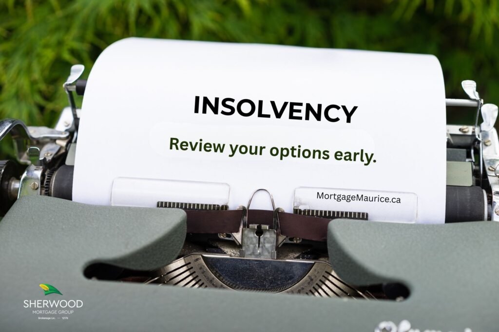 Typewriter displaying “Insolvency” and “Review your options early,” with MortgageMaurice.ca and Sherwood Mortgage Group branding.
