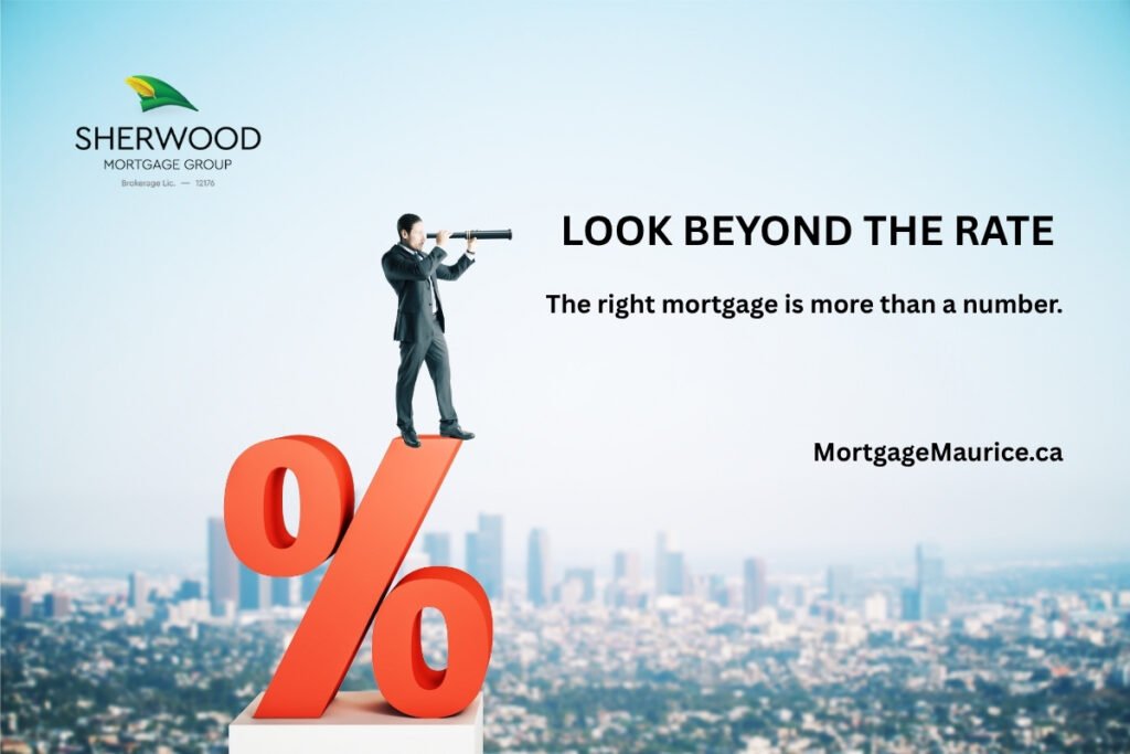 Businessperson looking through a telescope while standing on a percentage symbol above a city skyline, with the message “Look beyond the rate.”