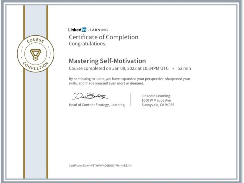 LinkedIn Learning Mastering Self-Motivation certificate completed by Maurice Kwok, Ontario mortgage broker