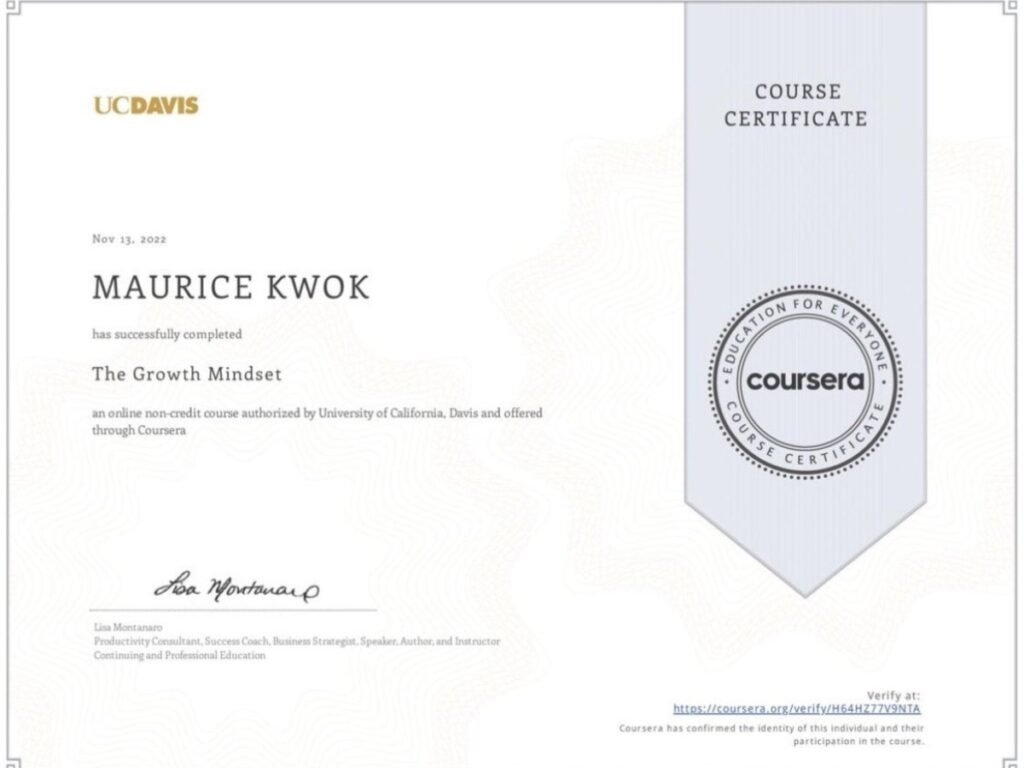 Maurice Kwok – UC Davis Growth Mindset Course Certificate