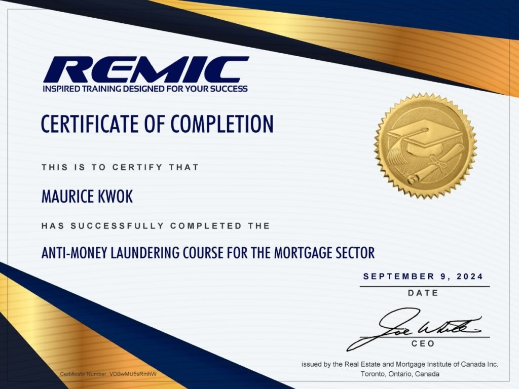 Maurice Kwok REMIC Anti-Money Laundering course certificate 2024