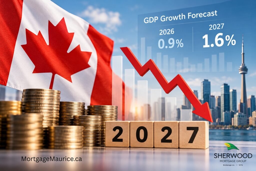 Canada's 2027 GDP growth forecast of 1.6%, featuring a declining economic chart, Canadian flag and Toronto skyline.