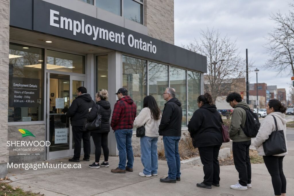 Job seekers lining up outside an Employment Ontario office, illustrating Canada's rising unemployment and job losses.