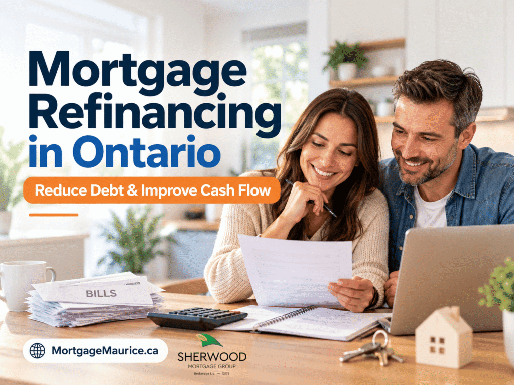 Ontario couple reviewing mortgage refinancing documents to consolidate debt, access home equity, and improve monthly cash flow.