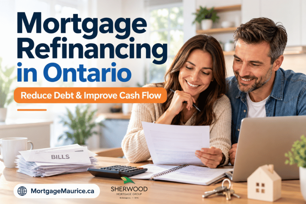 Ontario couple reviewing mortgage refinancing documents to consolidate debt, access home equity, and improve monthly cash flow.