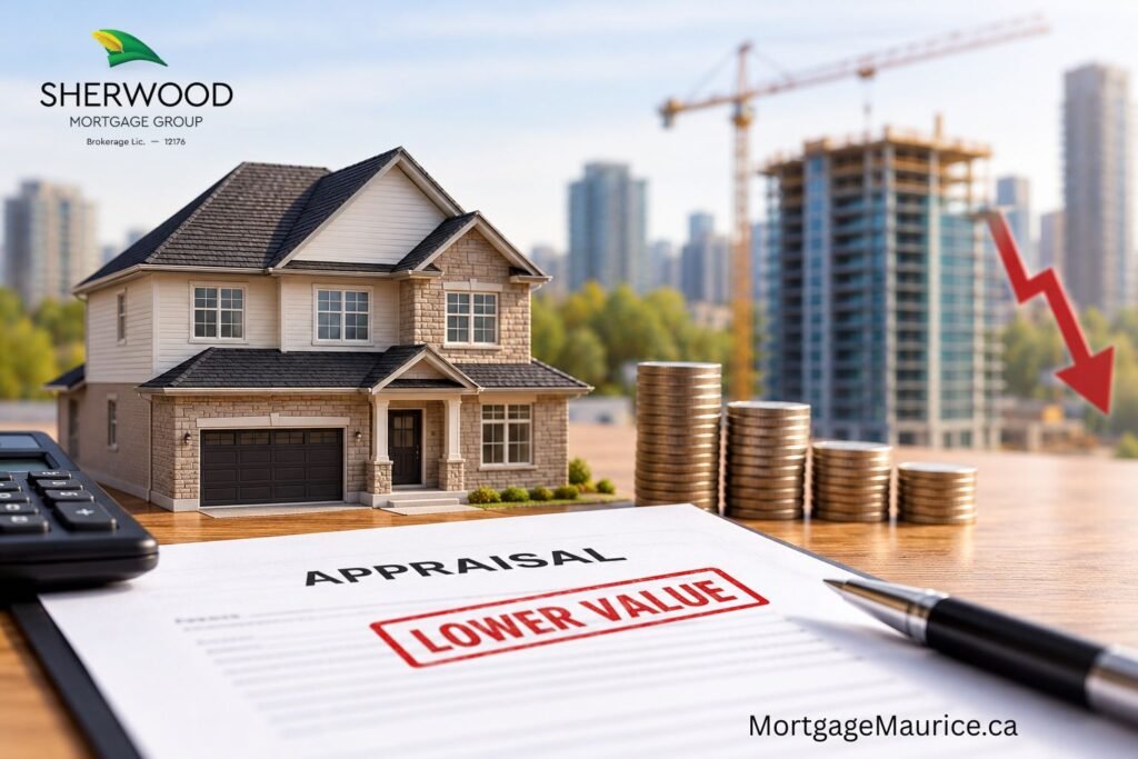 Ontario home appraisal gap illustrated by a house, falling property values, and a lower appraisal report.