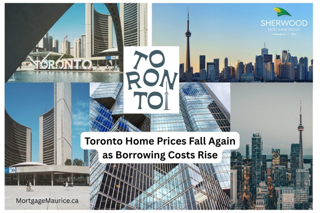 Toronto skyline infographic highlighting falling home prices and rising borrowing costs in October 2026.