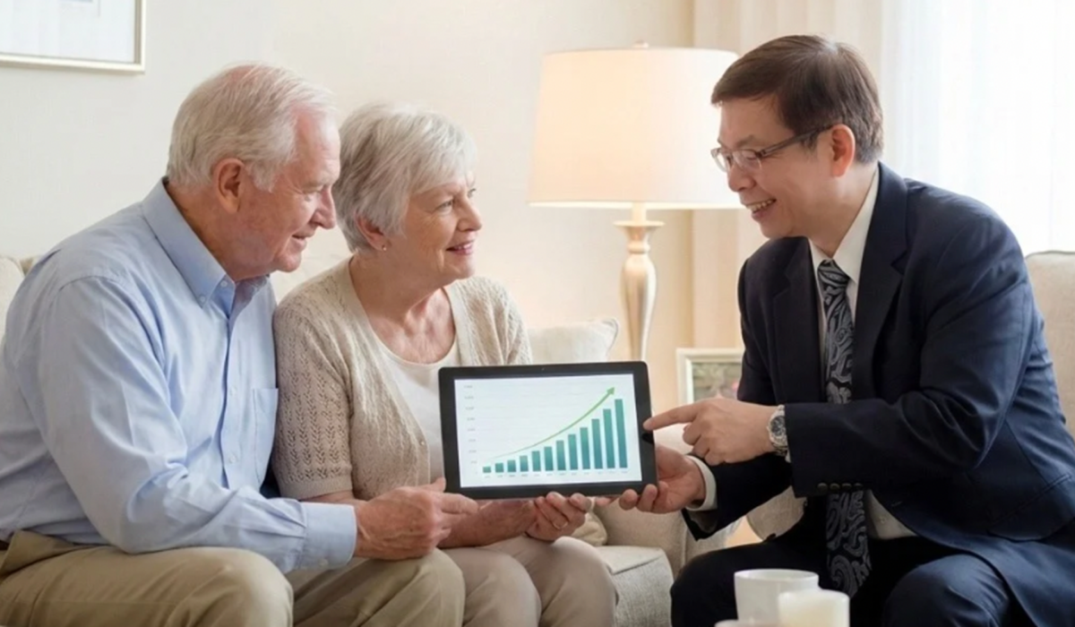 Mortgage broker Maurice Kwok explaining reverse mortgage financial mechanics and benefits on a tablet to a senior couple in Ontario.