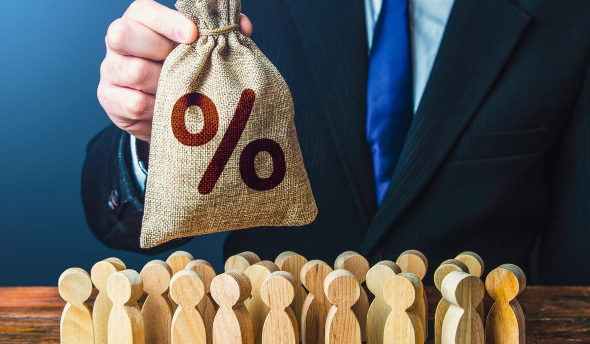 Ontario mortgage rates — August 8, 2025 update: banker holding money bag with percent sign in front of people, symbolizing rate changes